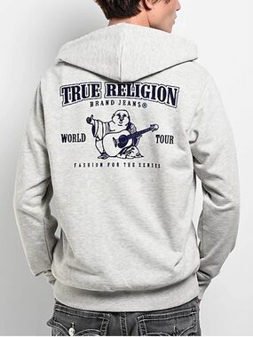True Religion Heather Gray Hoodie with Black Back Logo Small